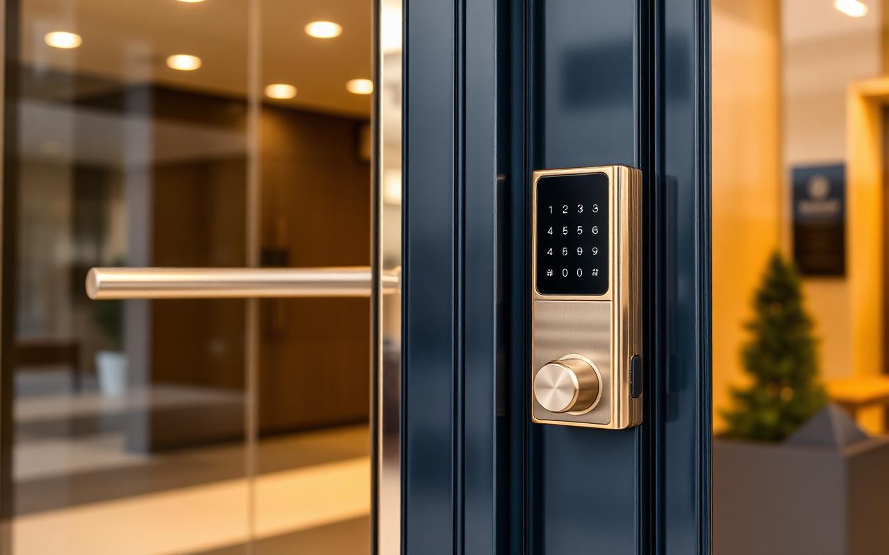Commercial locksmith installing keypad access at a Wesley Chapel, NC business