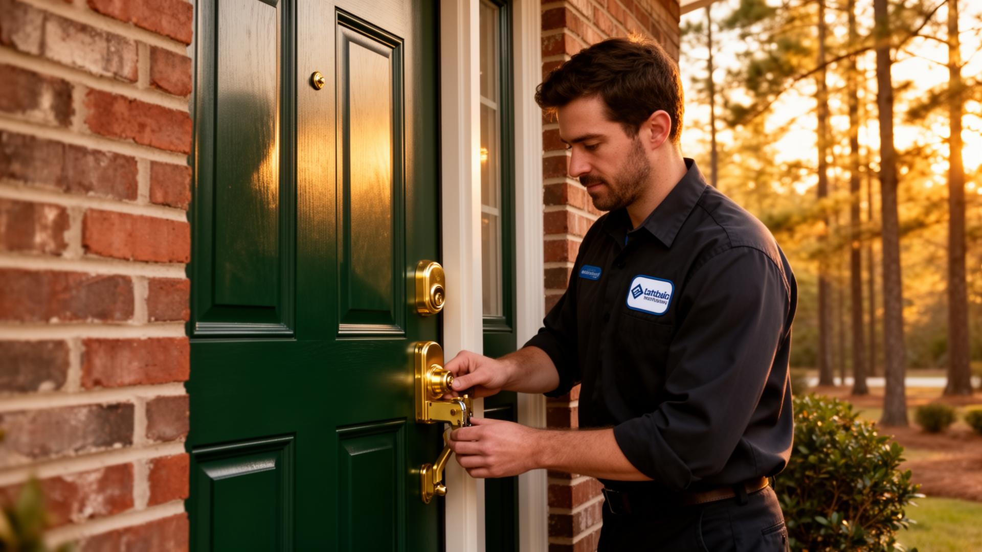 Wesley Chapel Locksmith technician working on a residential door lock in Wesley Chapel, NC